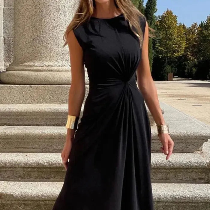 Chic Women's Long Sleeve V-Neck Maxi Dress - Solid Color Evening Wear