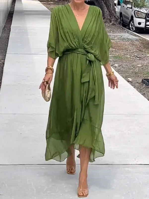 Women's Summer Chiffon Dress in Green with V-Neck