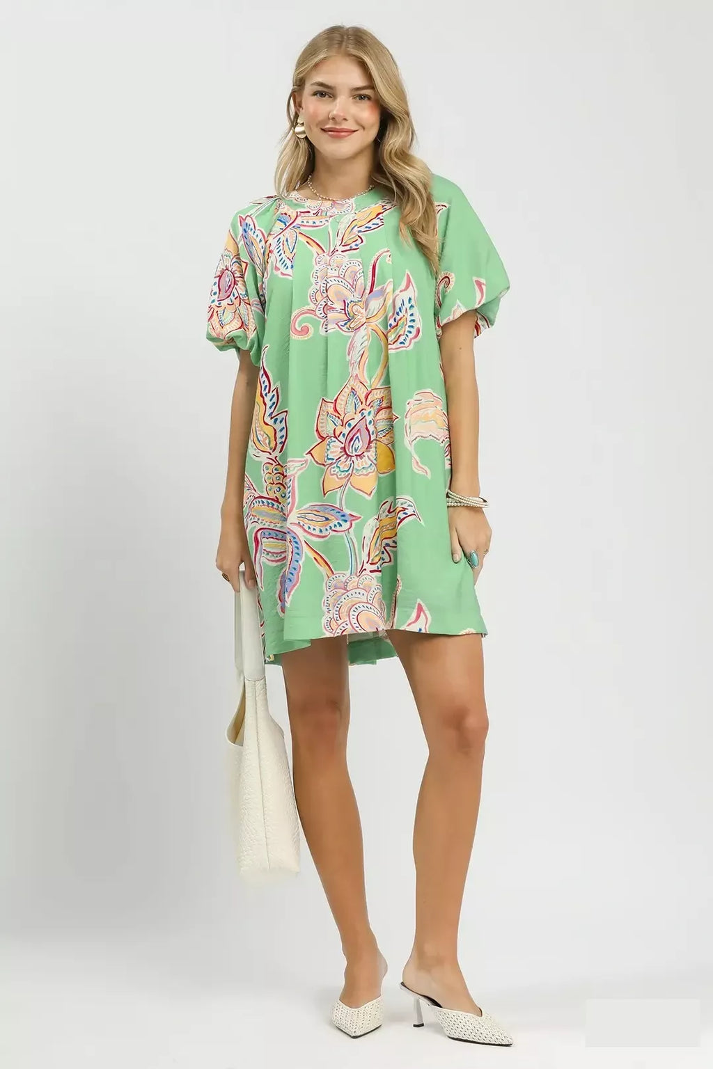 Sage Green Boho Floral Mini Dress for Women — Pockets - gallery