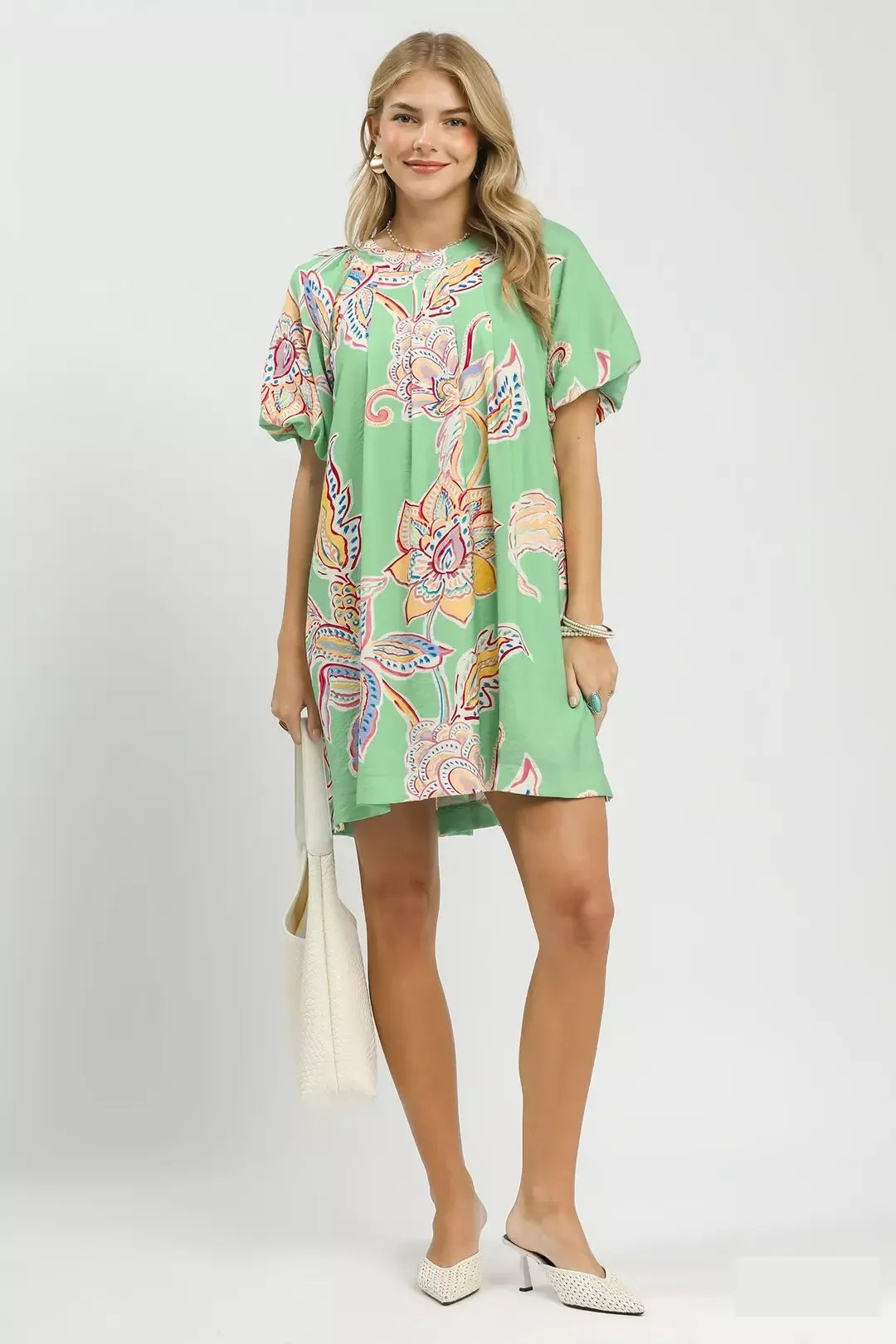 Sage Green Boho Floral Mini Dress for Women — Pockets - gallery