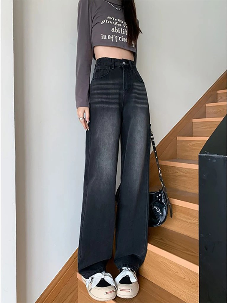 Straight-Leg Washed Jeans in Smoky Silver-Black for Women