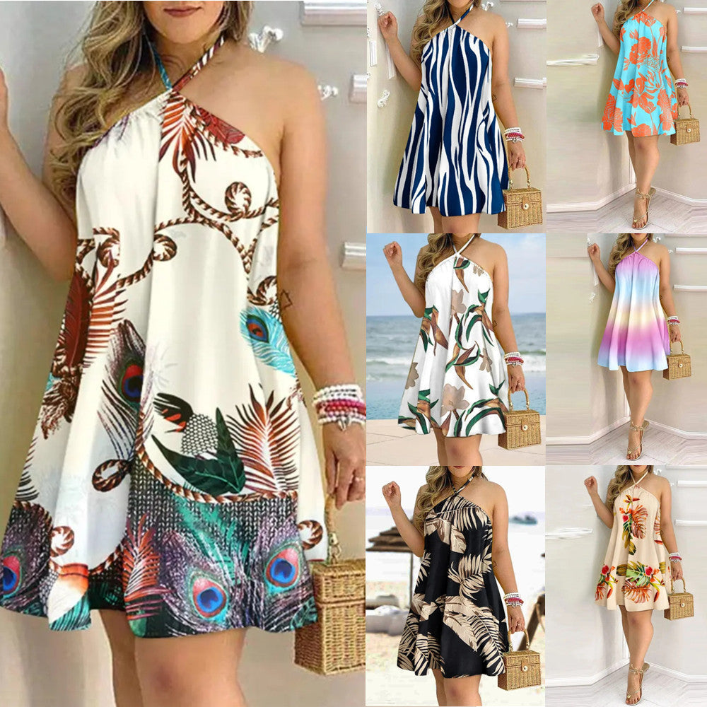 Printed Dress Summer Off-Shoulder Hanging Neck Sleeveless Sexy Dresses - gallery