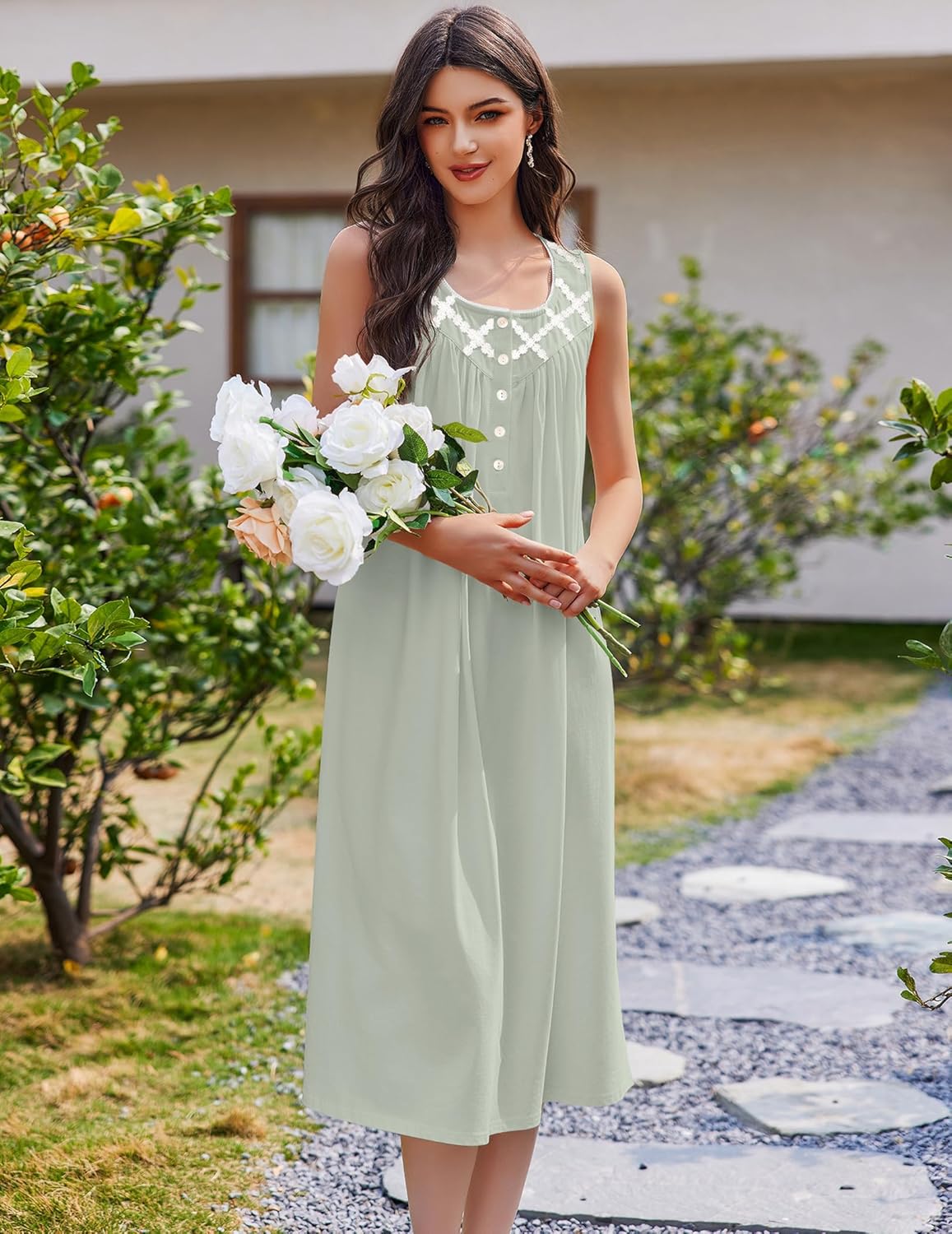 Cotton Long Night Gown Sleeveless Sleep Dress - Light Green