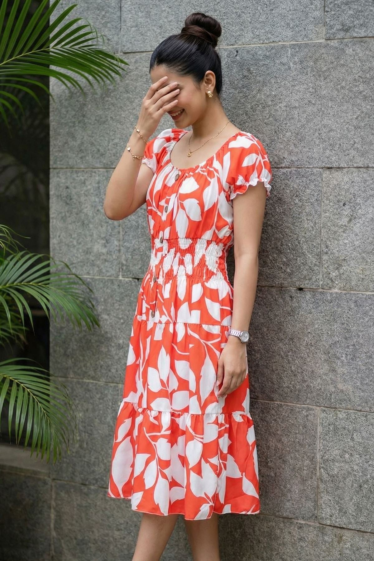 Abstract Botanical Print Elasticated Tiered Dress — Orange