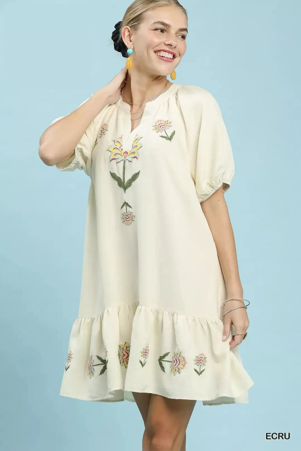 Embroidered Floral Babydoll Dress for Women — Puff Sleeves