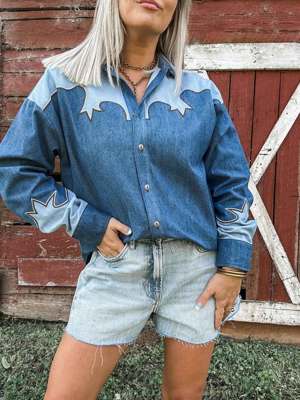 Vintage Western Embroidered Denim Top for Women — Button Front