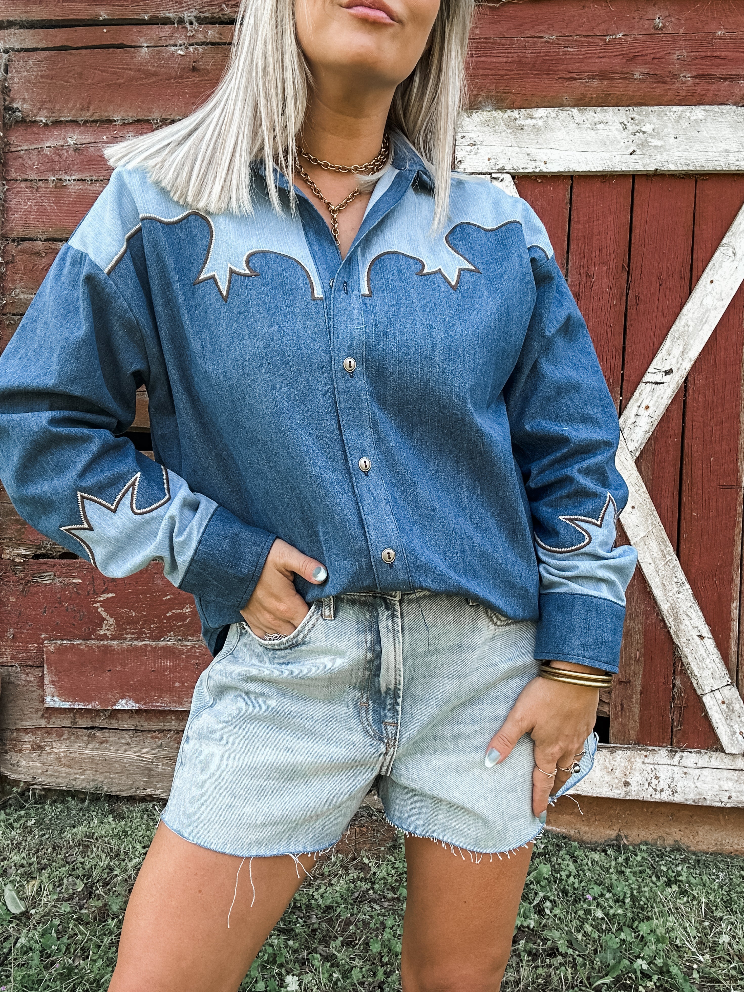 Vintage Western Embroidered Denim Top for Women — Button Front