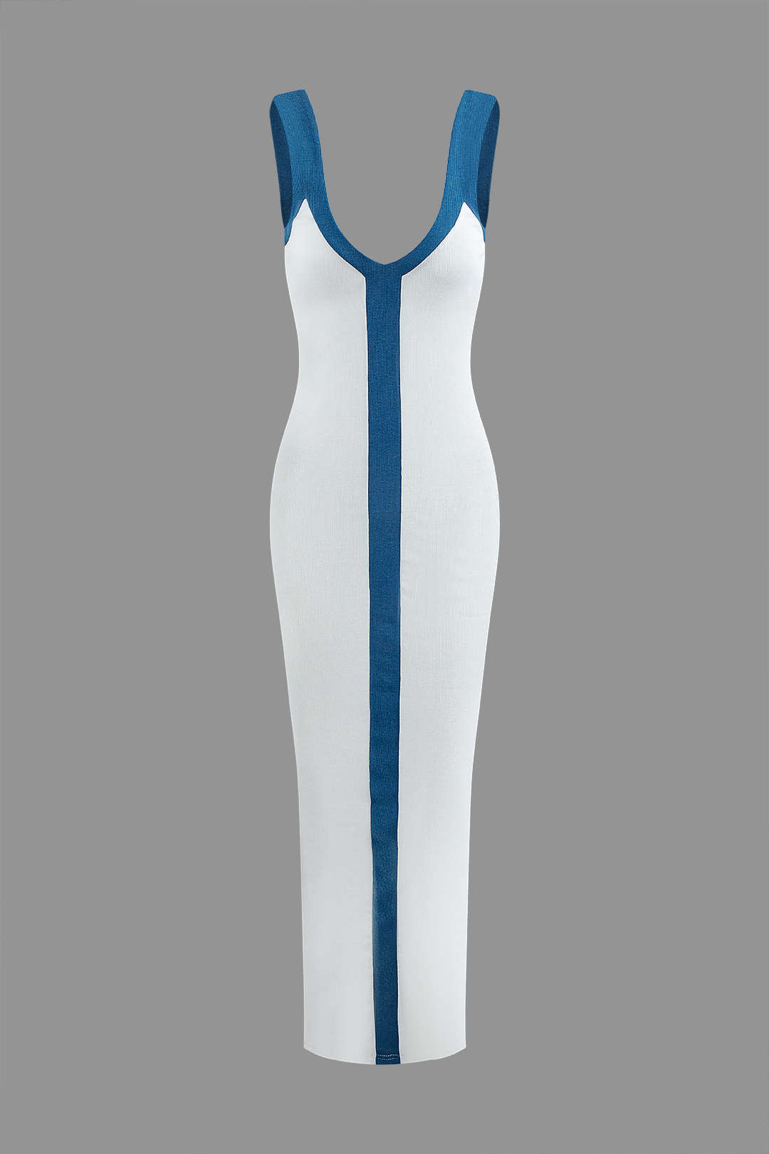 Colorblock V-Neck Ribbed Split Maxi Dress for Women - Contrast Color