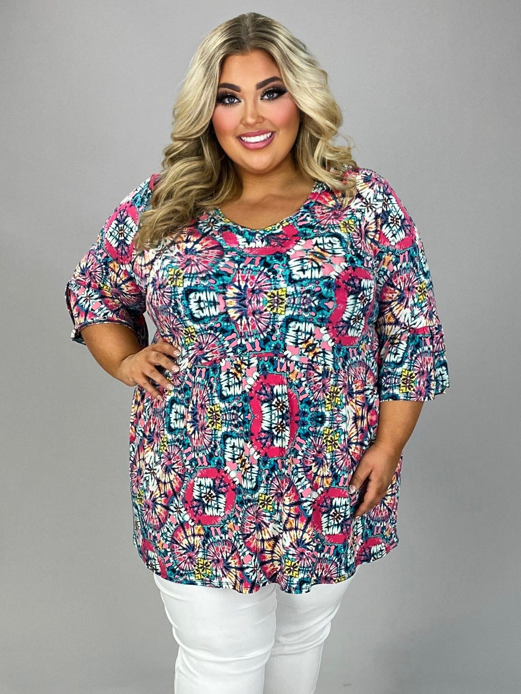 Dreams of Color Fuchsia Mint Printed Babydoll Top for Women