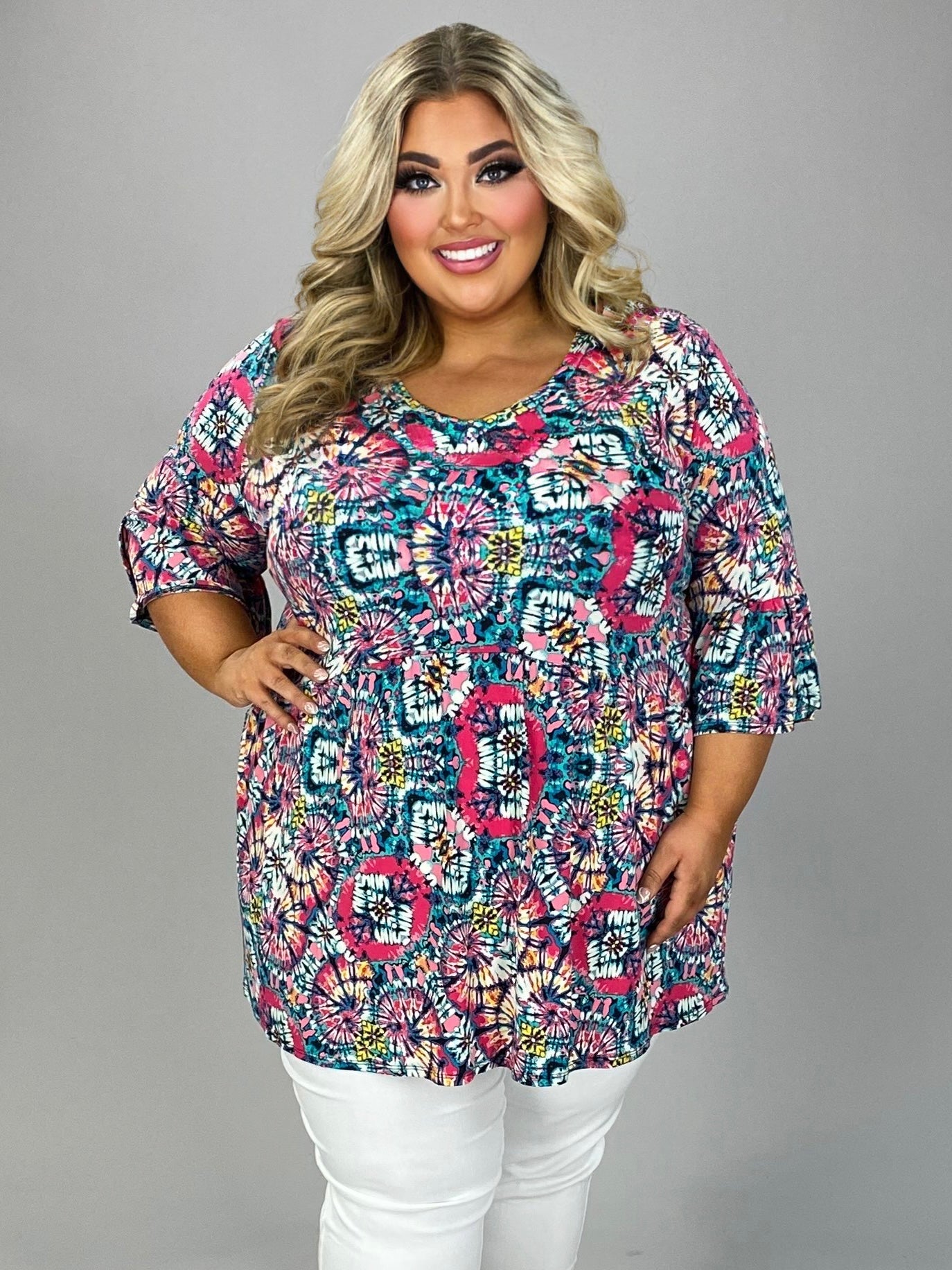 Dreams of Color Fuchsia Mint Printed Babydoll Top for Women
