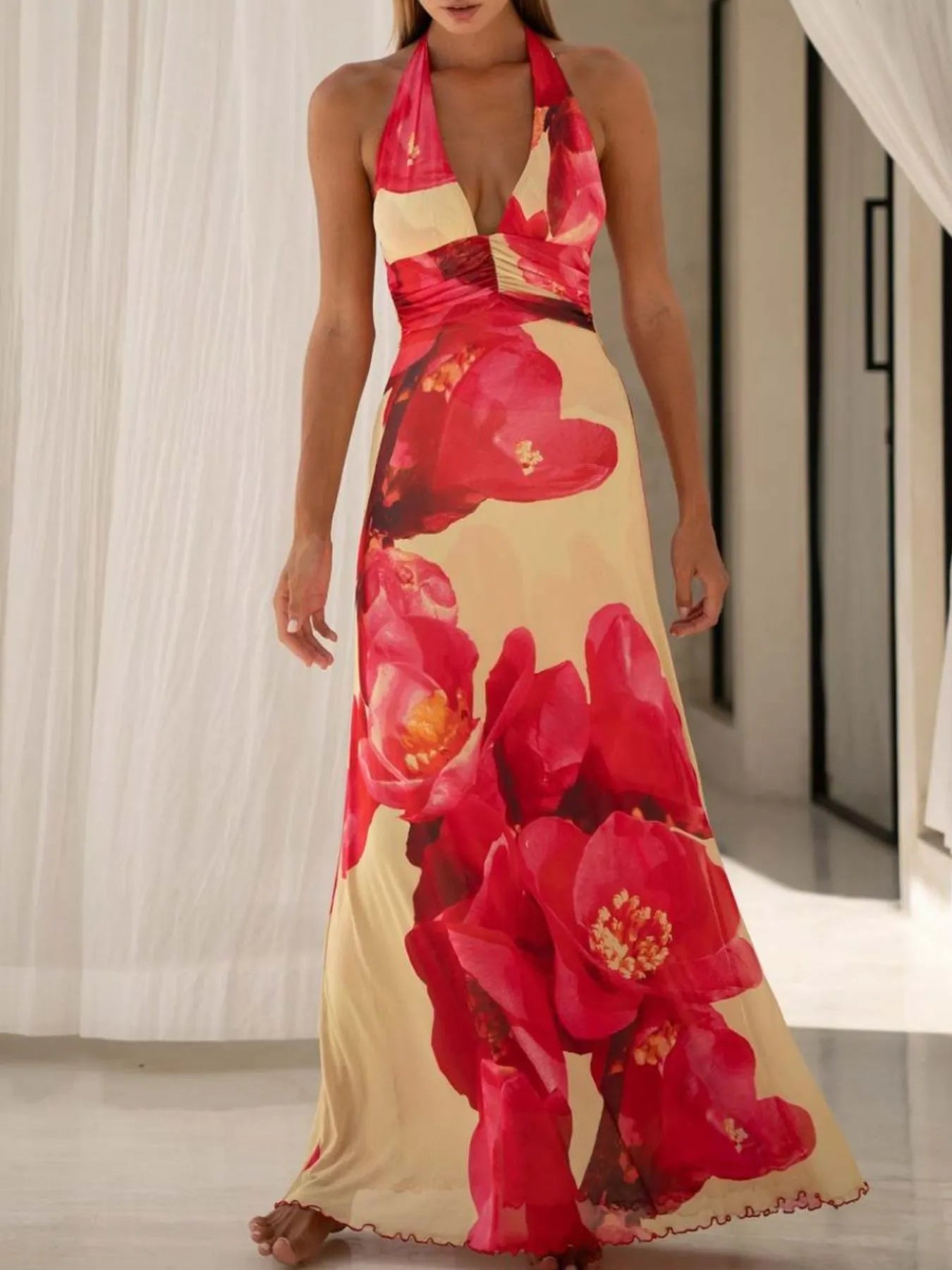 Floral Halter Neck Deep V Maxi Dress for Women - gallery