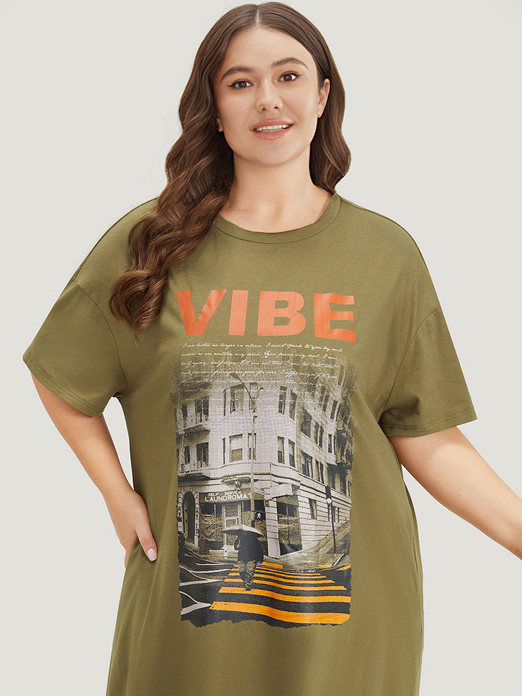 Letter & Graphic Print Pocket Crew Neck Dress for Women - gallery