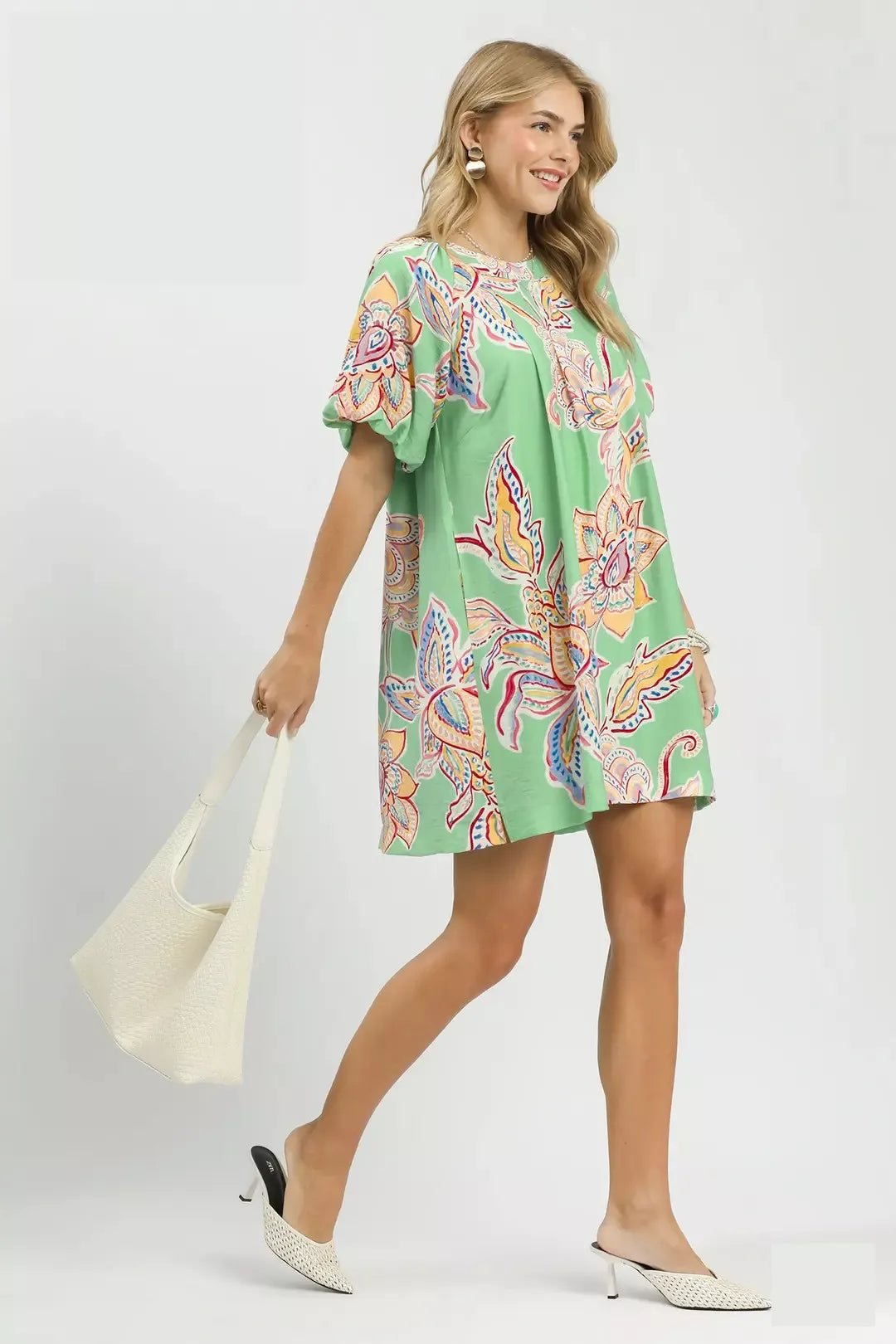 Sage Green Boho Floral Mini Dress for Women — Pockets - gallery