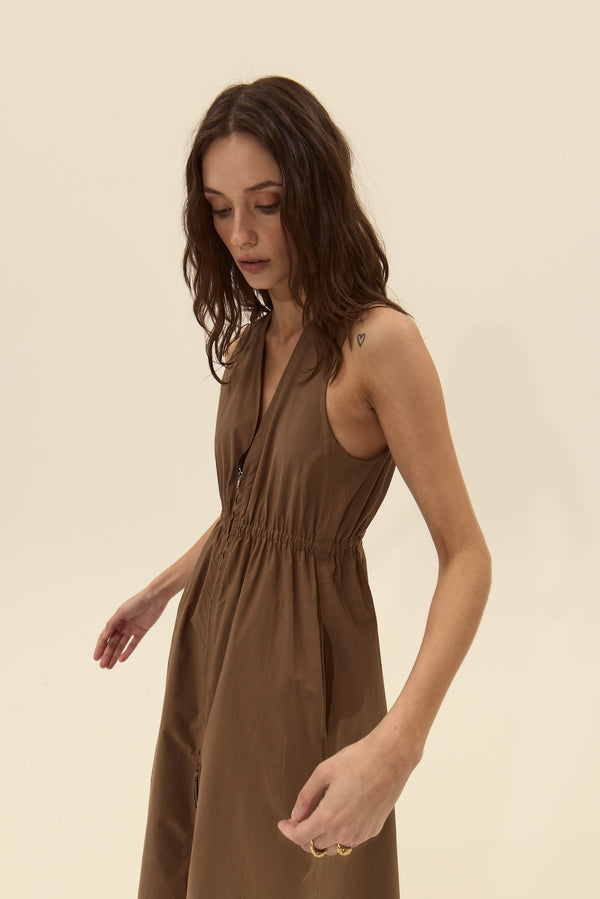 Sleeveless Cotton Poplin Midi Dress for Women — Deep V Neck - gallery