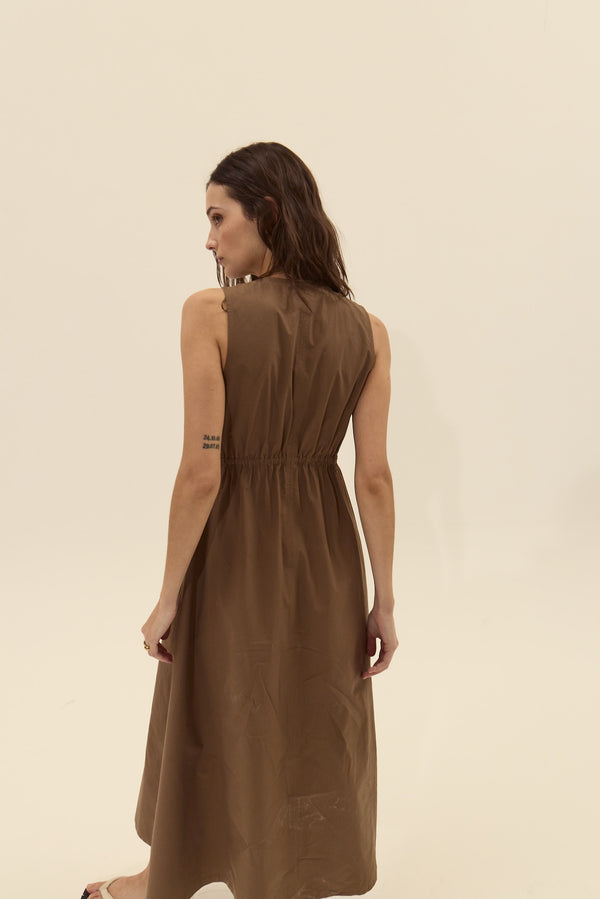 Sleeveless Cotton Poplin Midi Dress for Women — Deep V Neck - gallery