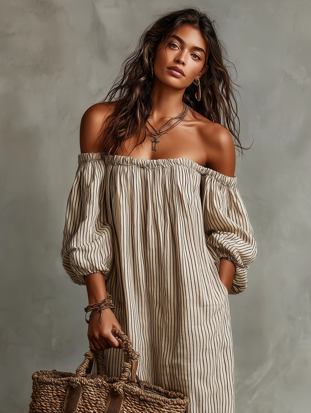 Loose Cotton-Linen Off-Shoulder Long Sleeve Maxi Dress for Women - gallery