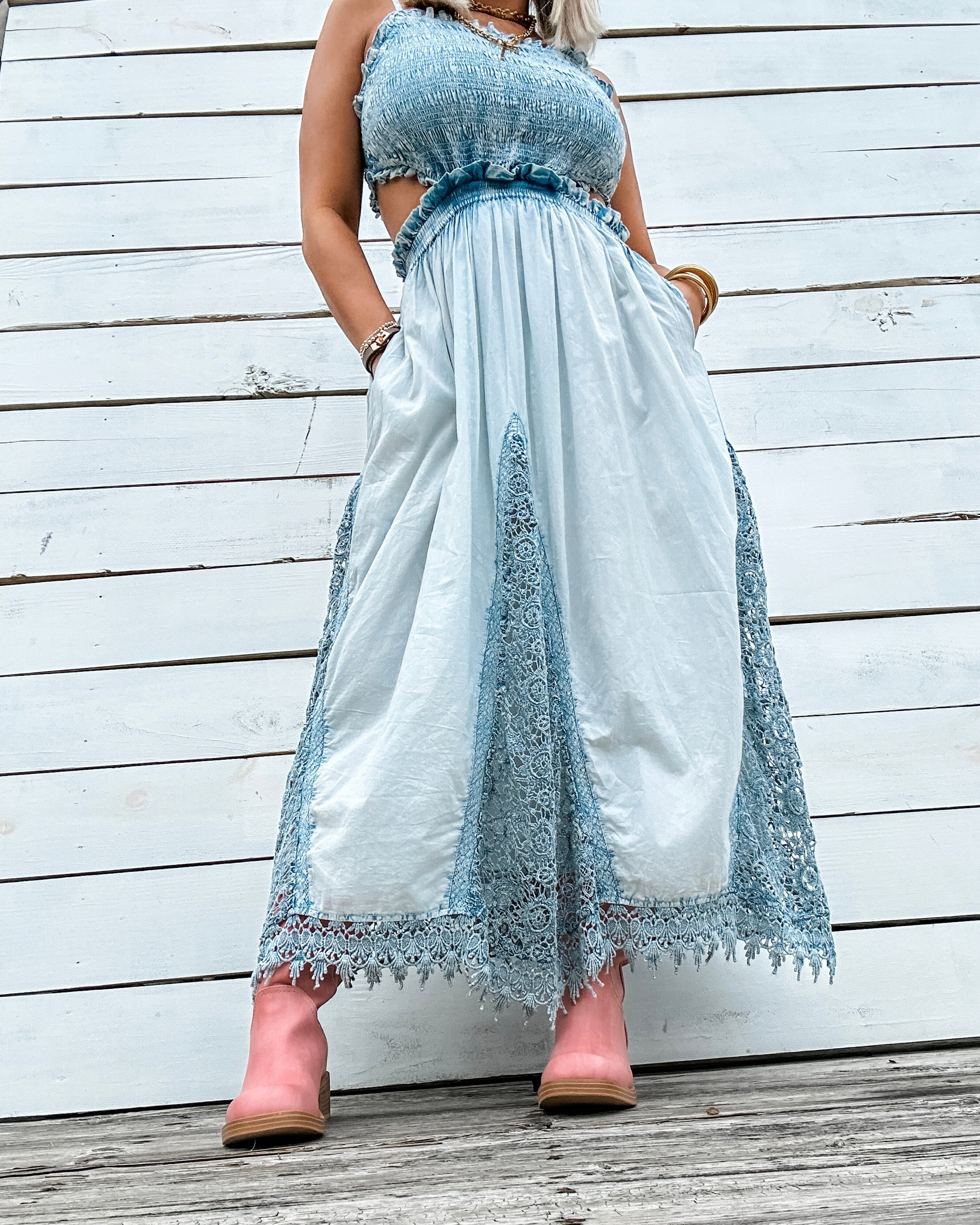 Smocked Denim Maxi Dress for Women — Lace Trim Boho - gallery