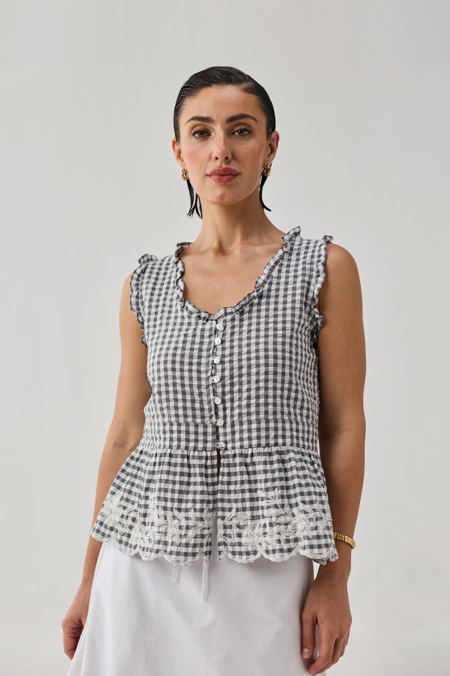 Embroidered Peplum Top in Grey Check for Women - gallery