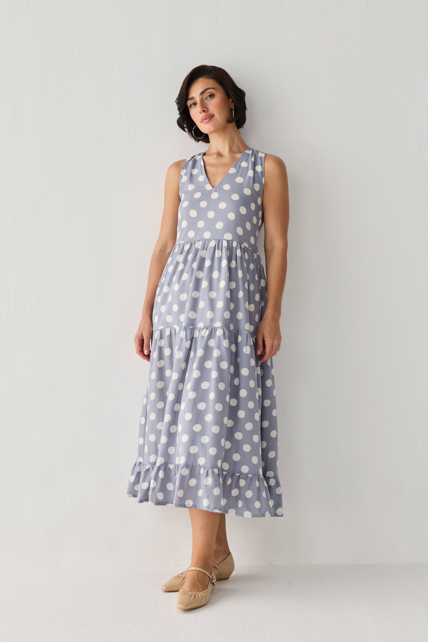 Tiered Midi Dress in Blue Polka for Women - gallery
