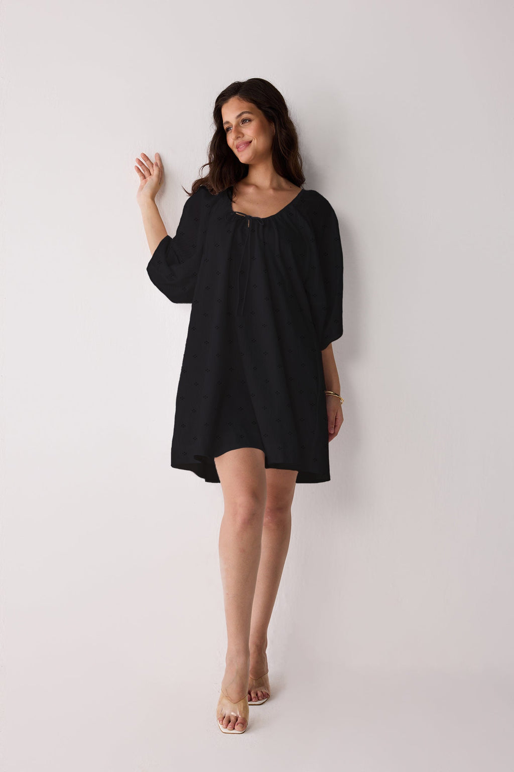 Puff Sleeved Dress with Drawstring Neckline in Black for Women - gallery