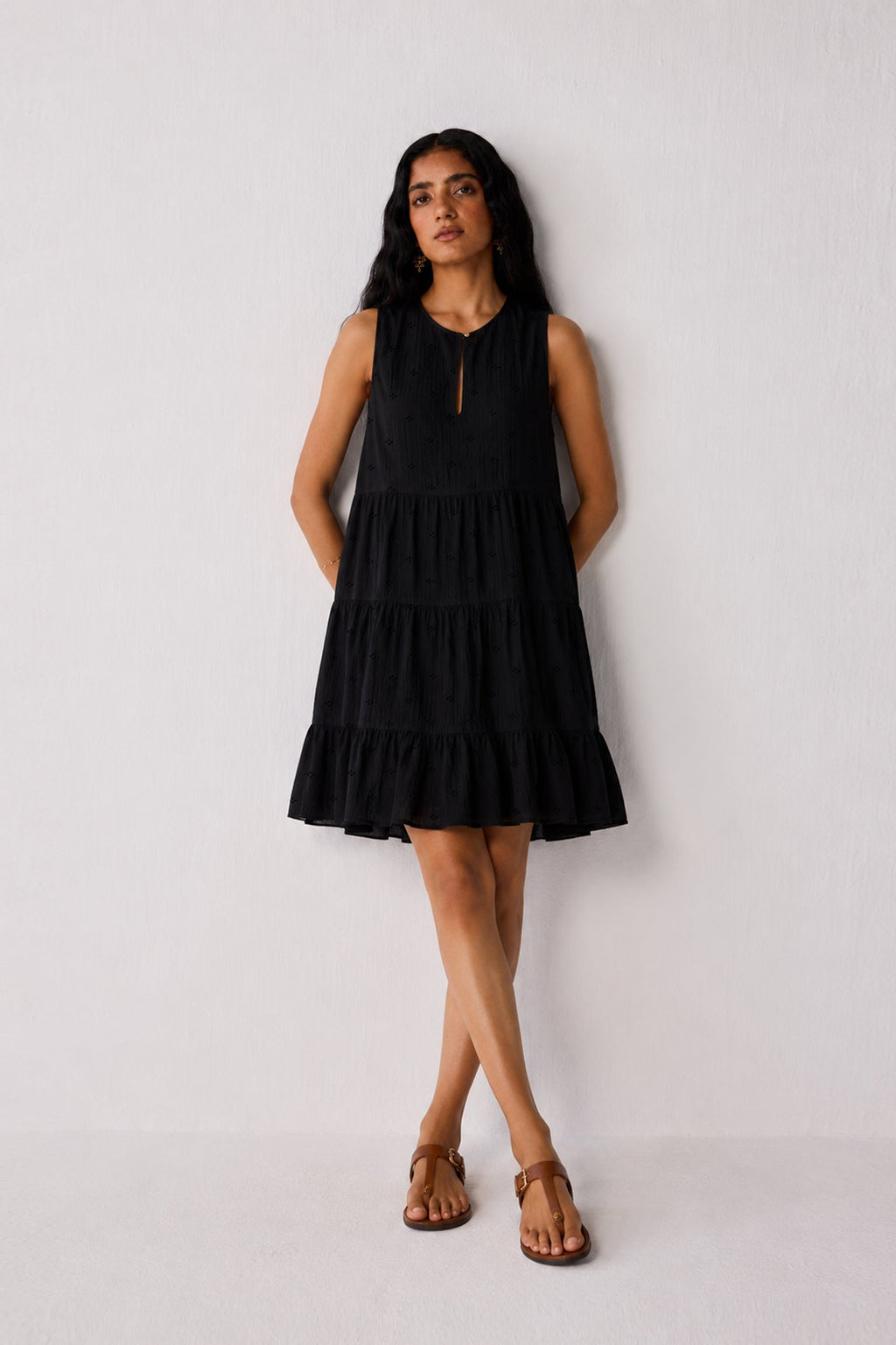 Embroidered Everyday Sleeveless Short Tiered Dress in Black for Women - gallery