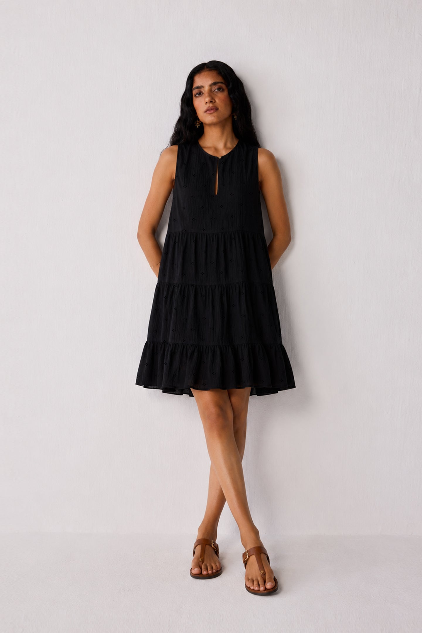 Embroidered Everyday Sleeveless Short Tiered Dress in Black for Women - gallery
