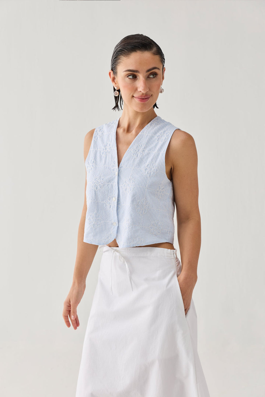Embroidered Sleeveless Vest Top in Blue Stripe Waistcoat for Women - gallery