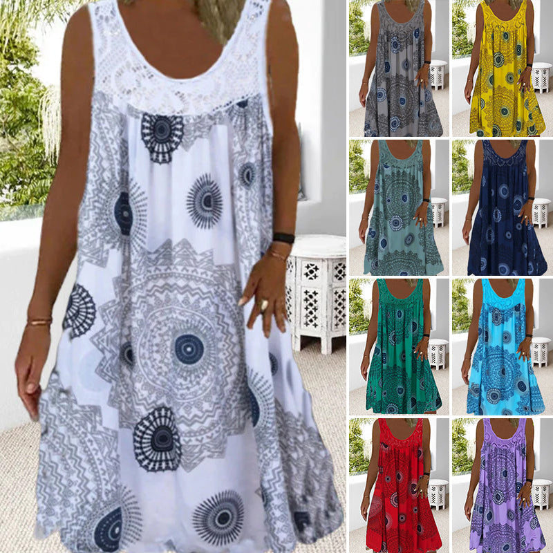 Summer O-Neck Sleeveless Dress with Print for Women
