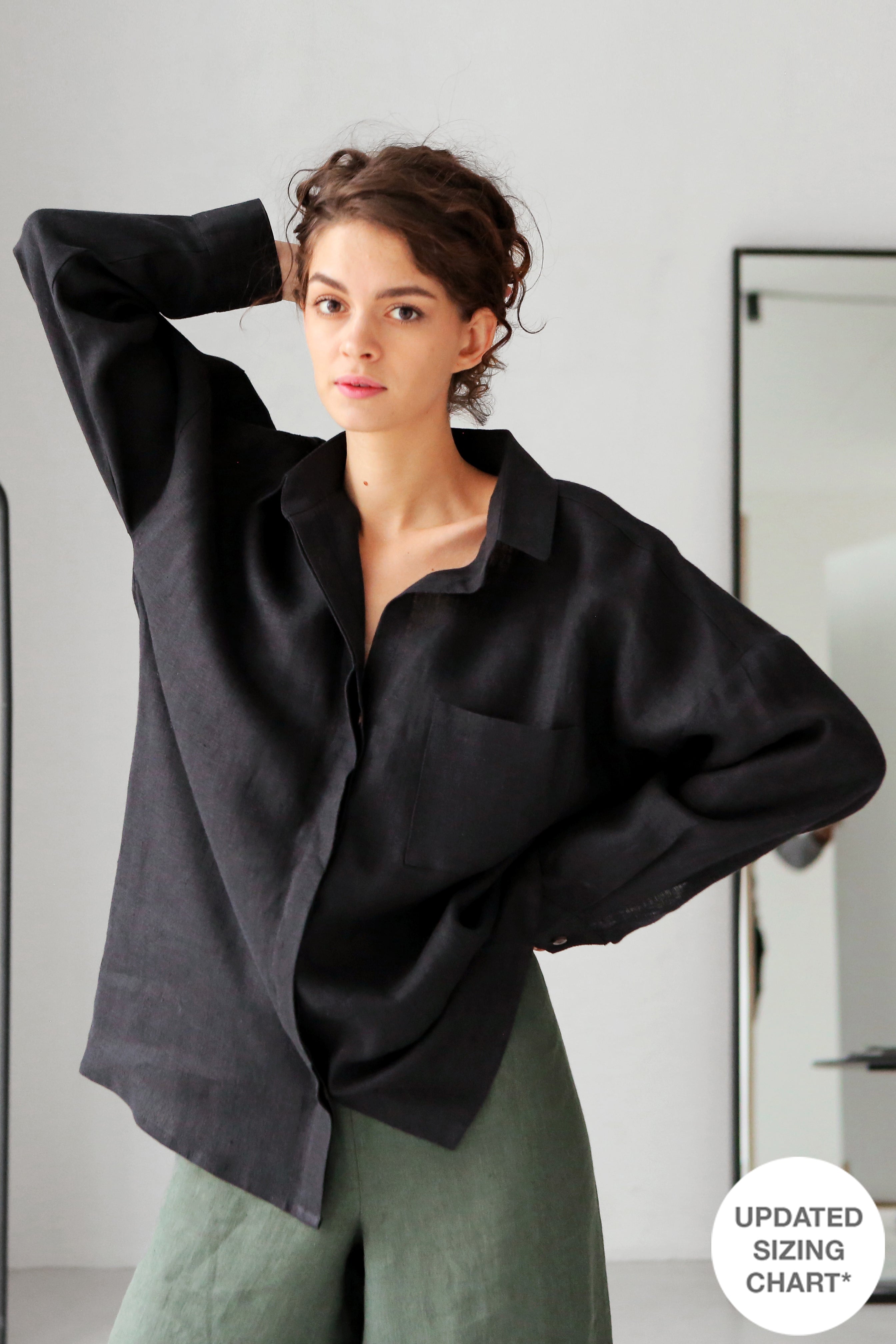 Oversized Linen Shirt Azolla in Black Top for Women