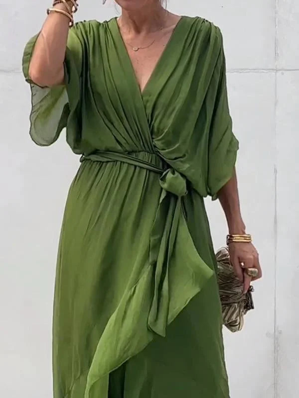 Women's Summer Chiffon Dress in Green with V-Neck