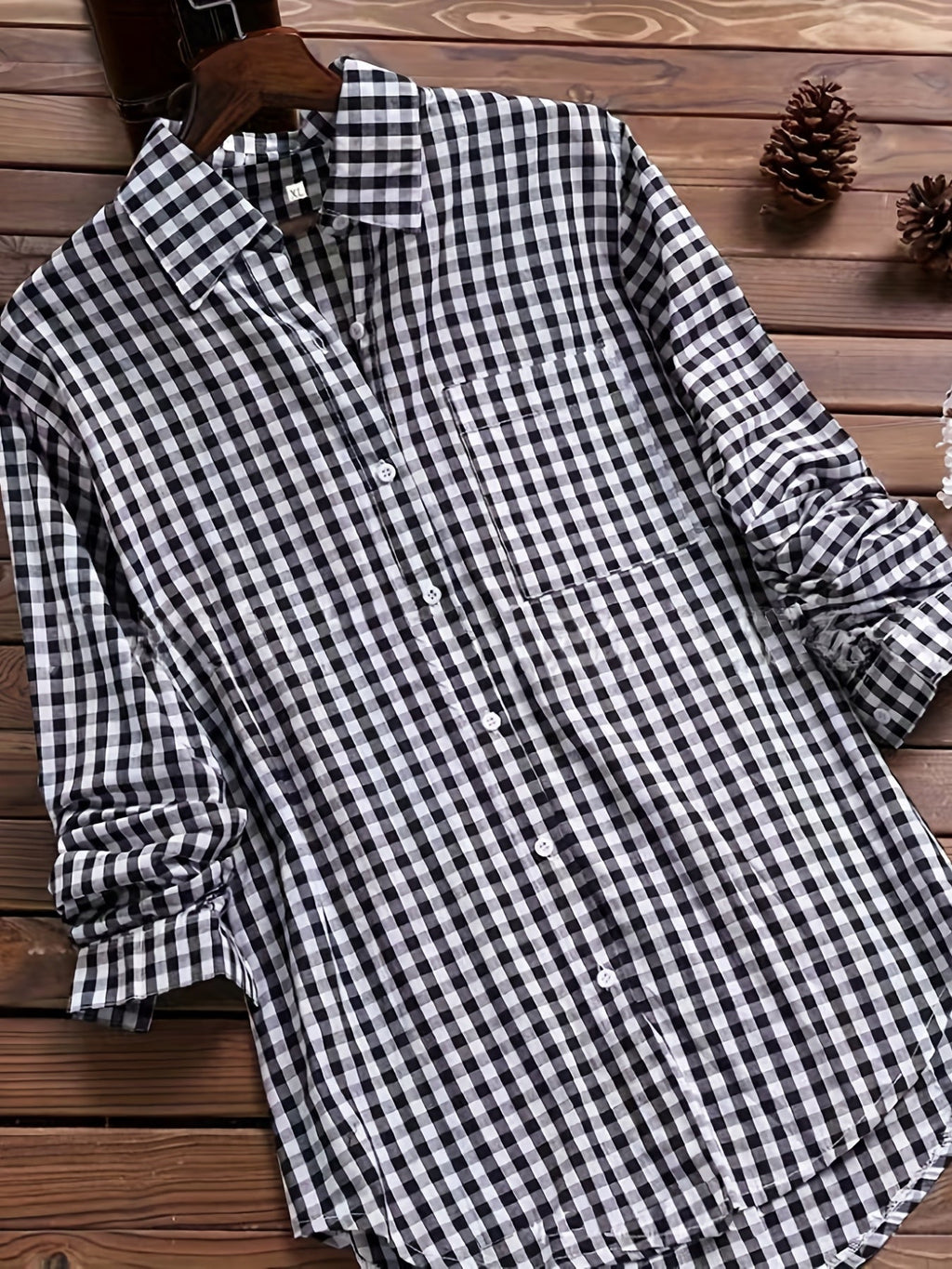 Gingham Print Long Sleeve Shirt Top for Women - gallery