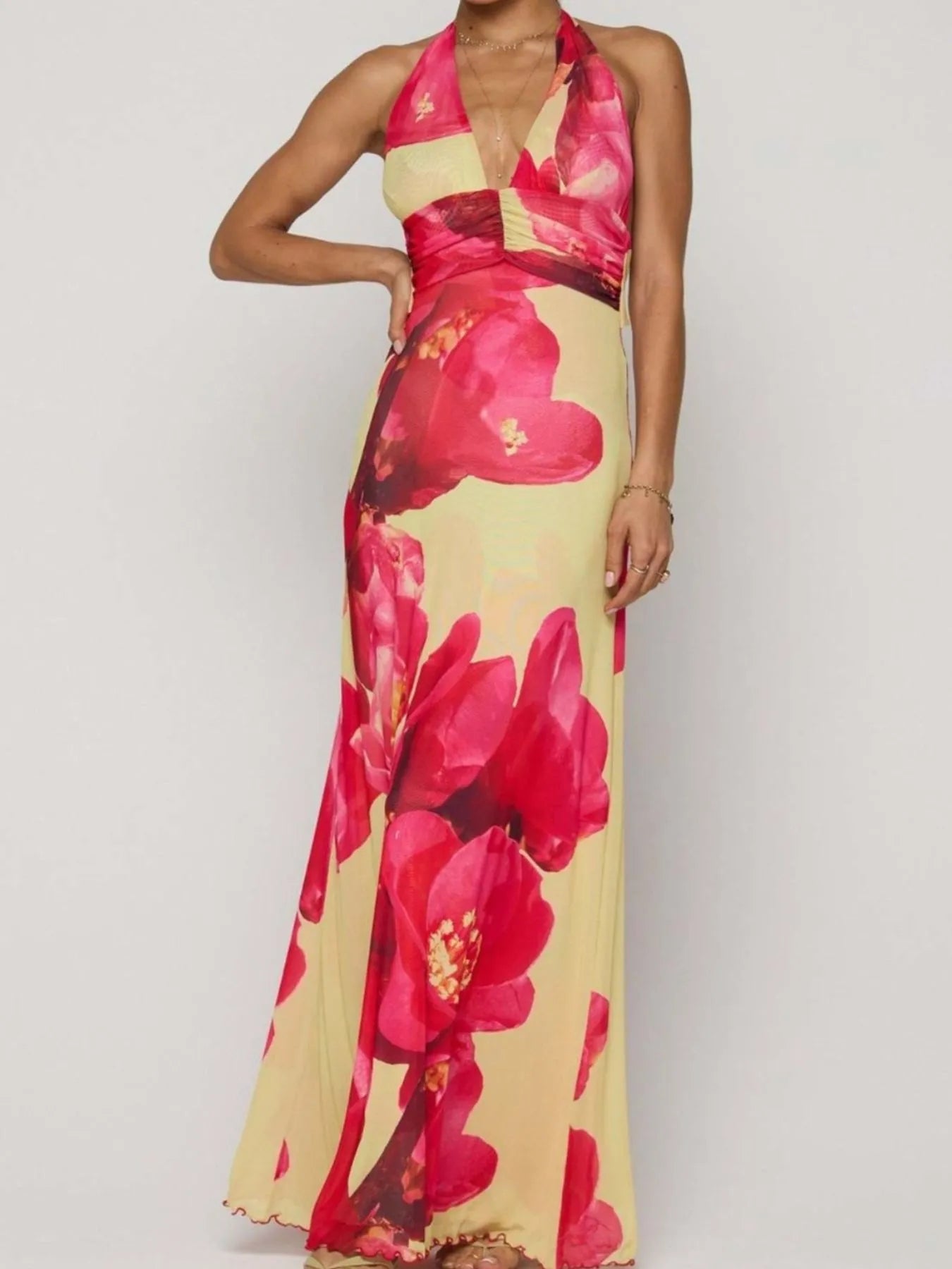 Floral Halter Neck Deep V Maxi Dress for Women - gallery