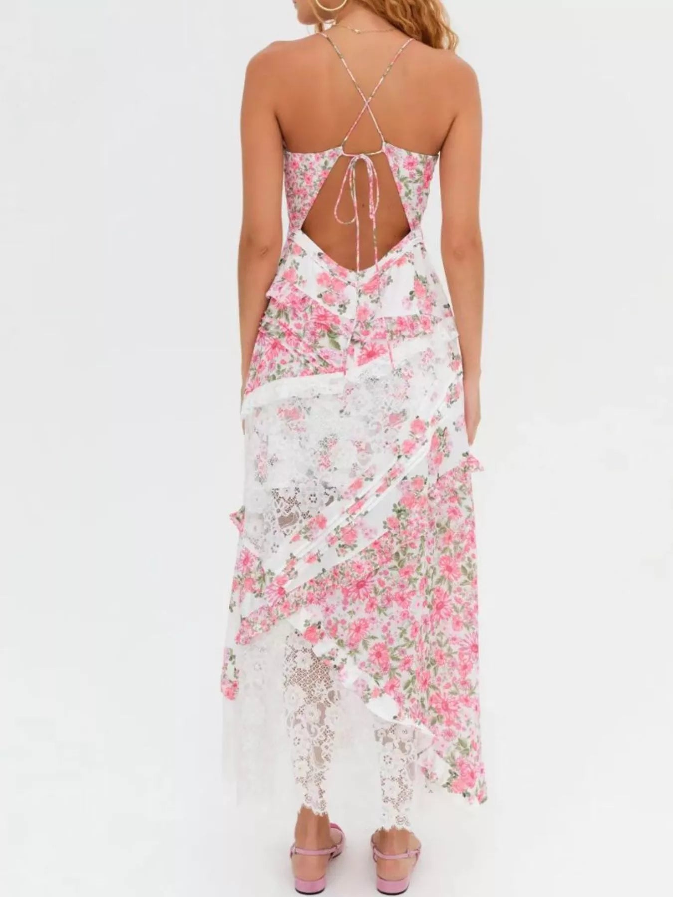 Lace Floral Ruffle Trim Maxi Dress for Women - gallery