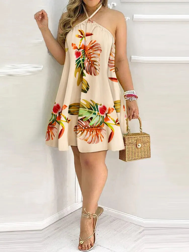 Tropical Print Halter Backless Dress for Women