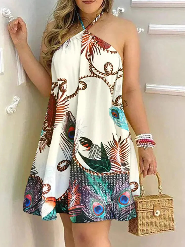 Tropical Print Halter Backless Dress for Women - gallery