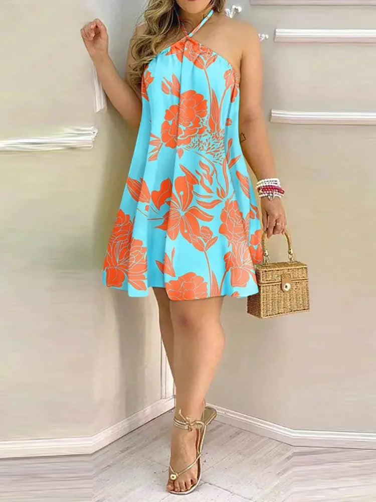 Tropical Print Halter Backless Dress for Women - gallery