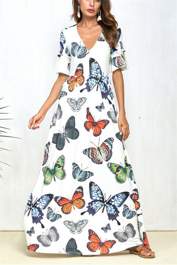 V Neck Butterfly Print Dress for Women