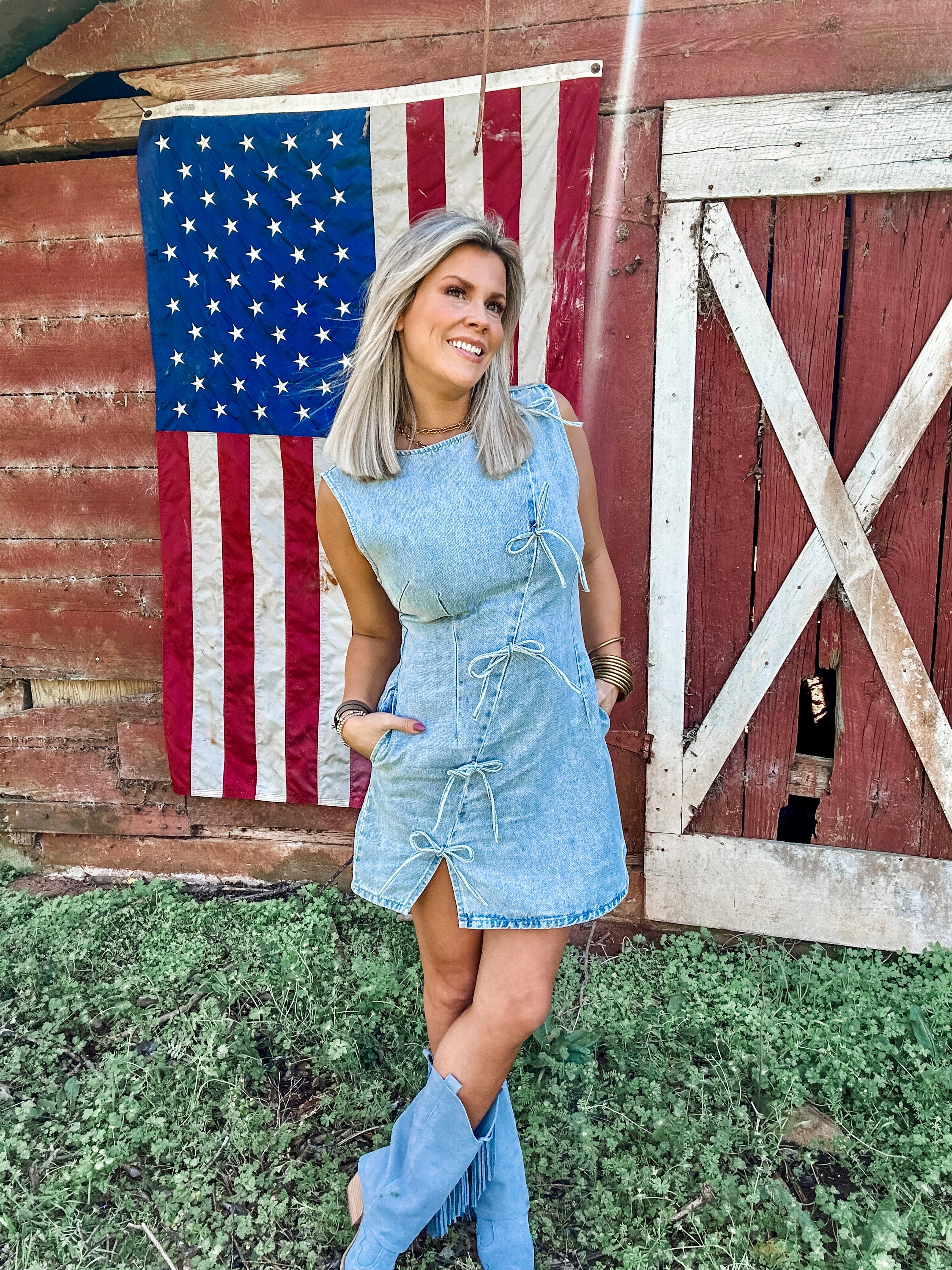Mineral Wash Denim Dress for Women — Bow Side Slits