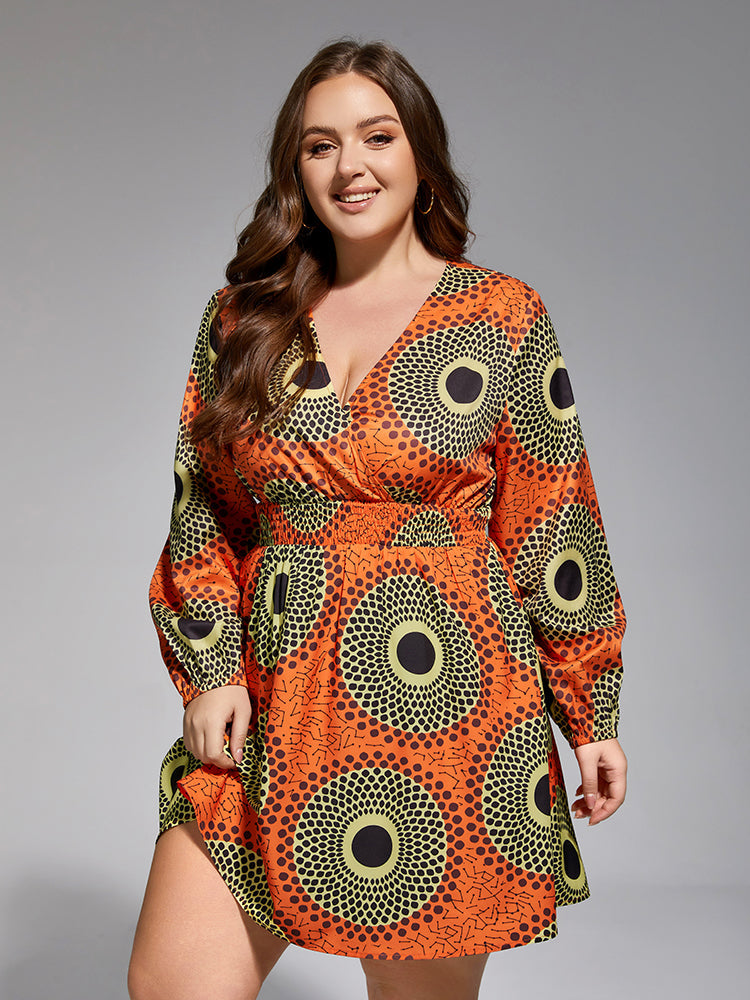 Plus Geometric V Neck Elastic Waist Dress for Women