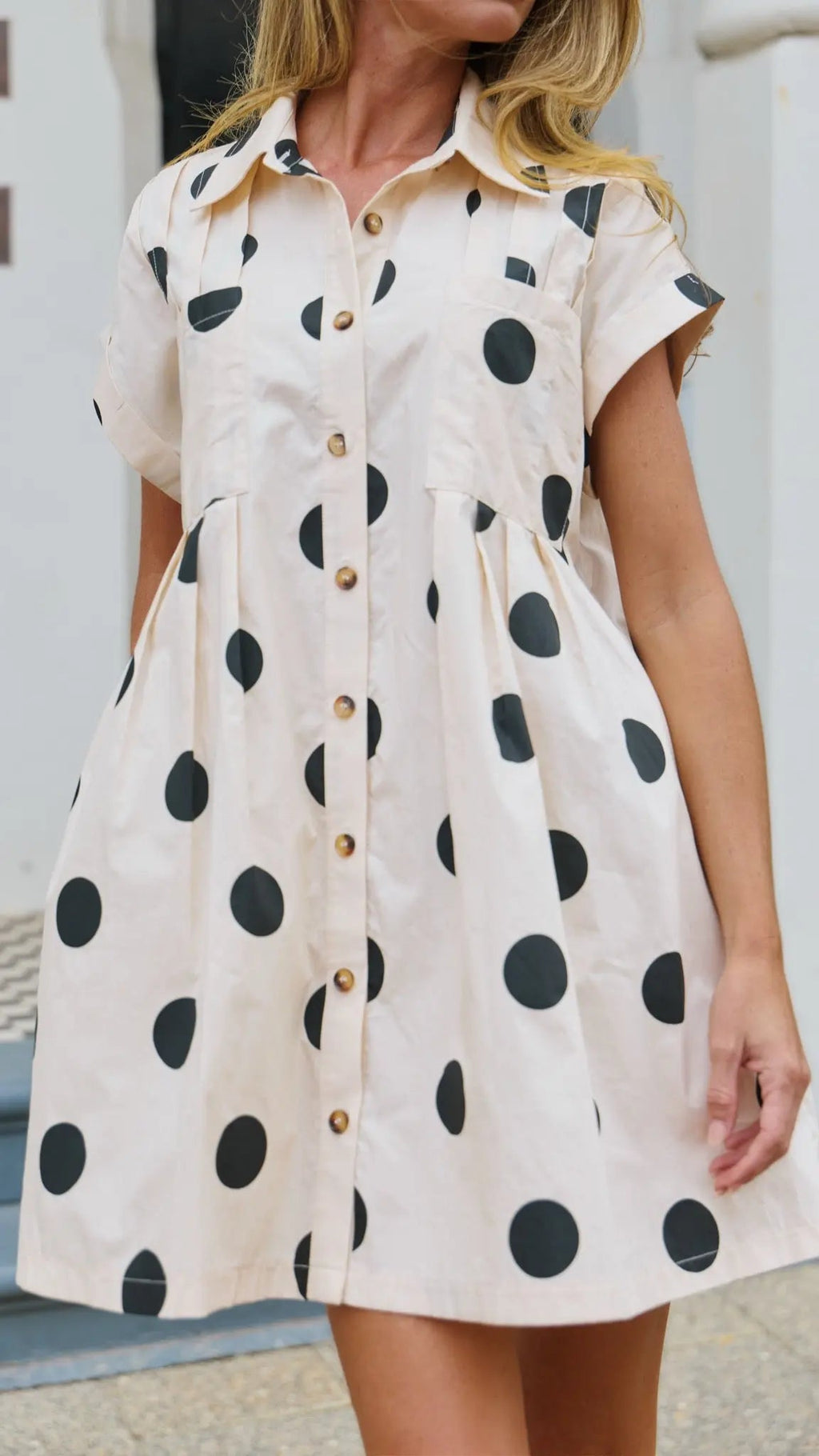 Beige Polka Dot Mini Dress for Women — Collared Button Front - gallery