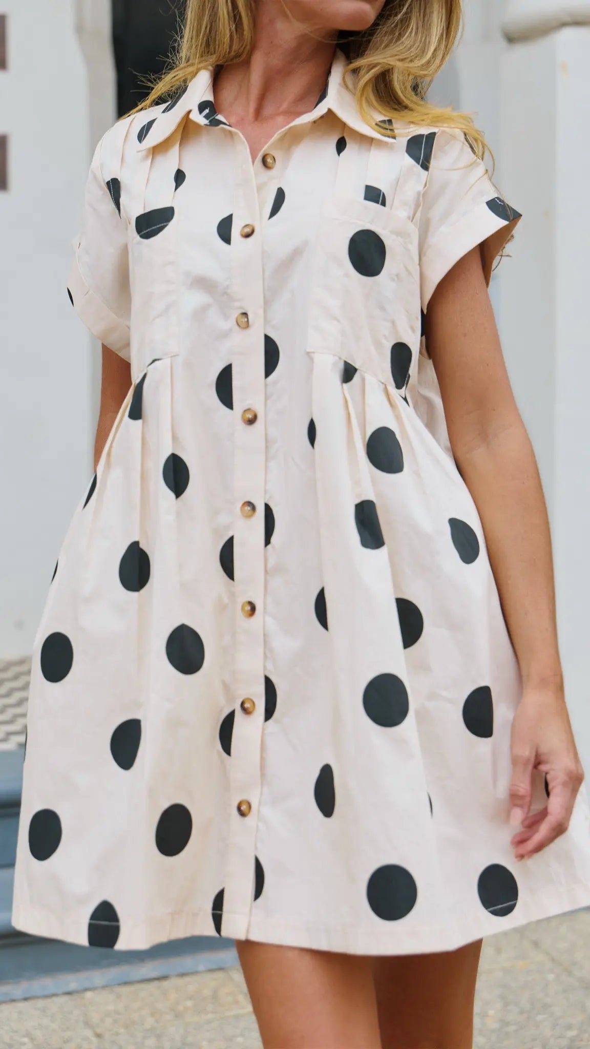 Beige Polka Dot Mini Dress for Women — Collared Button Front - gallery