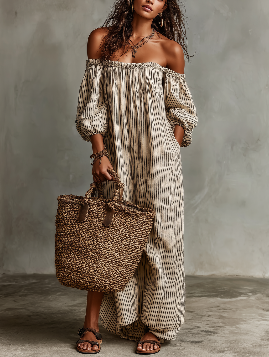 Loose Cotton-Linen Off-Shoulder Long Sleeve Maxi Dress for Women