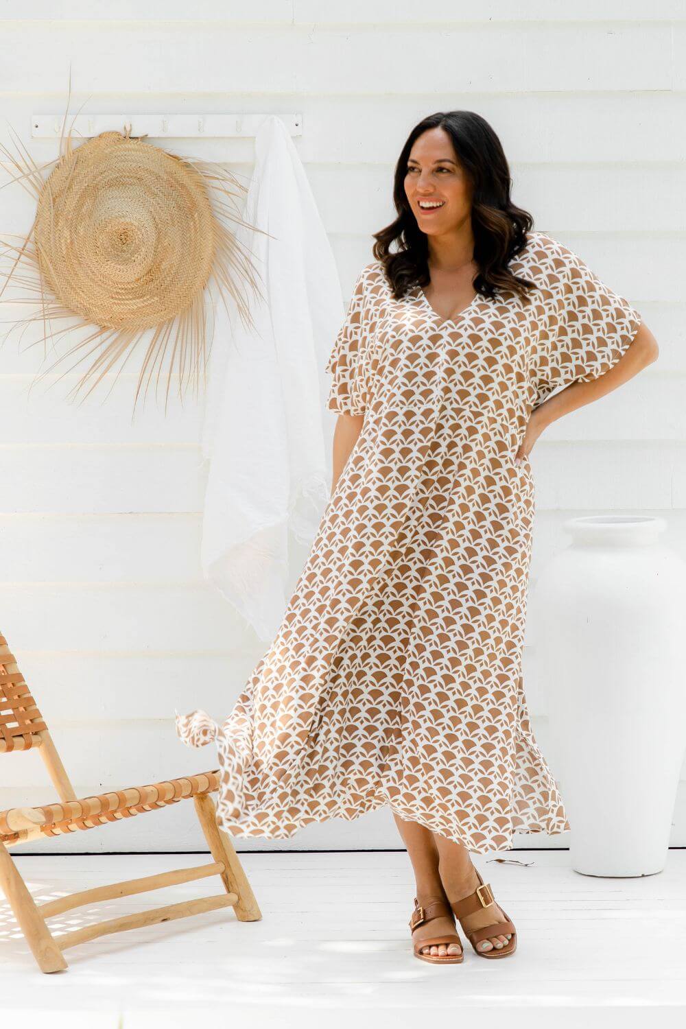 Mocha Geo A-Line Maxi Summer Dress for Women