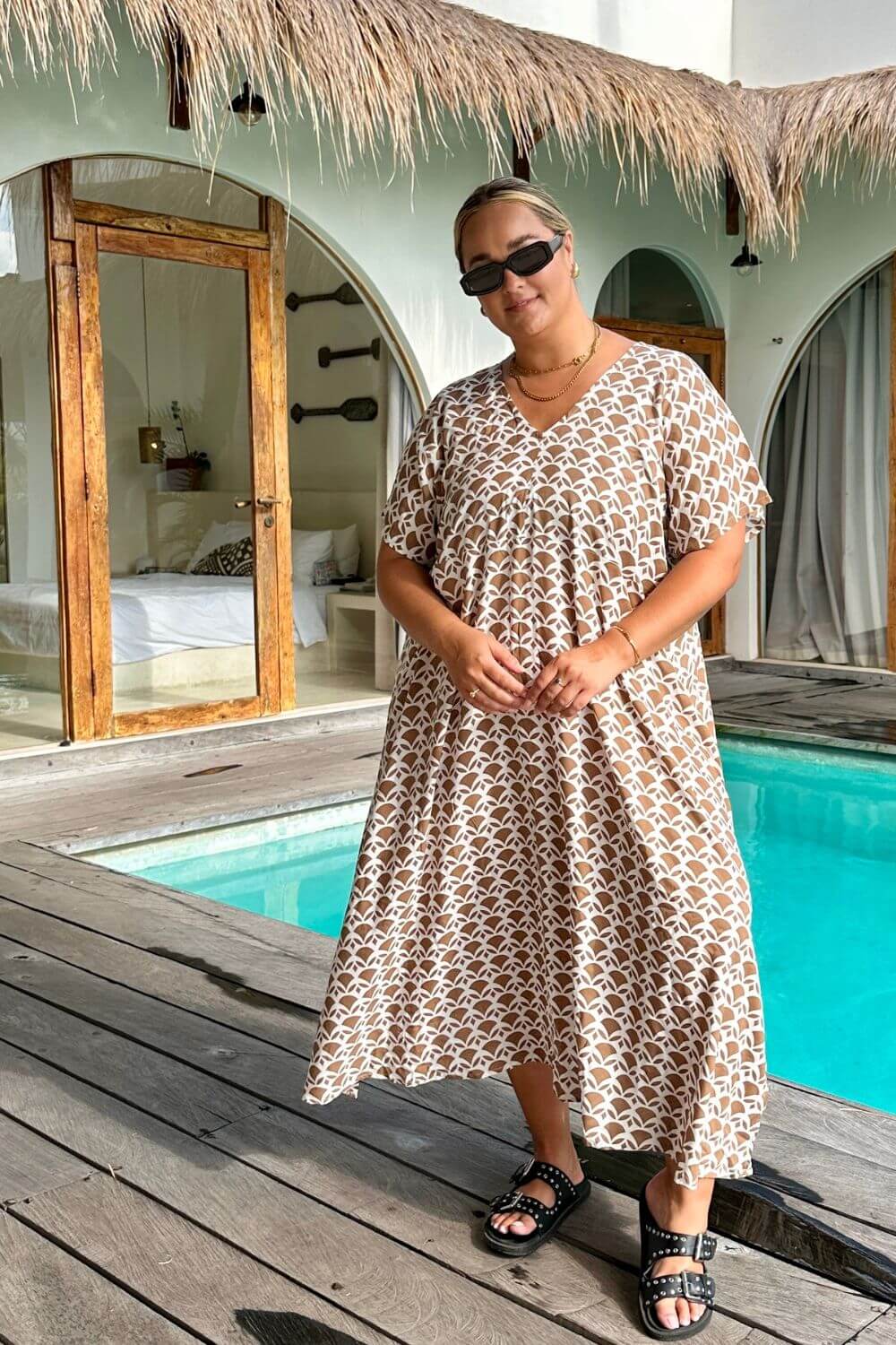 Mocha Geo A-Line Maxi Summer Dress for Women — detail