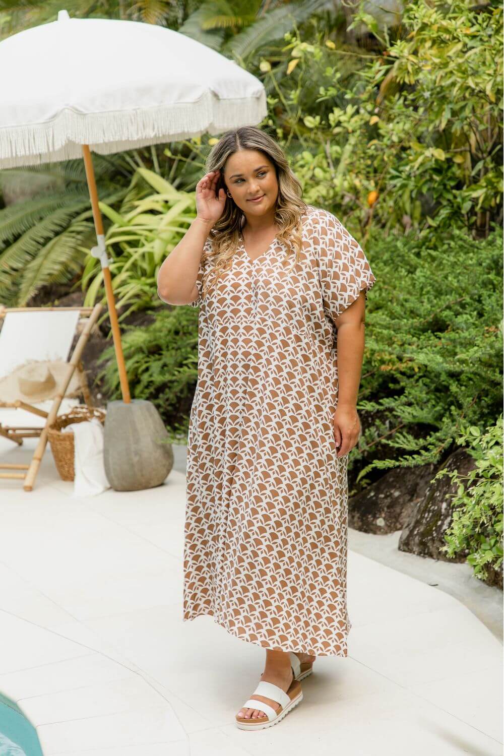 Mocha Geo A-Line Maxi Summer Dress for Women — detail