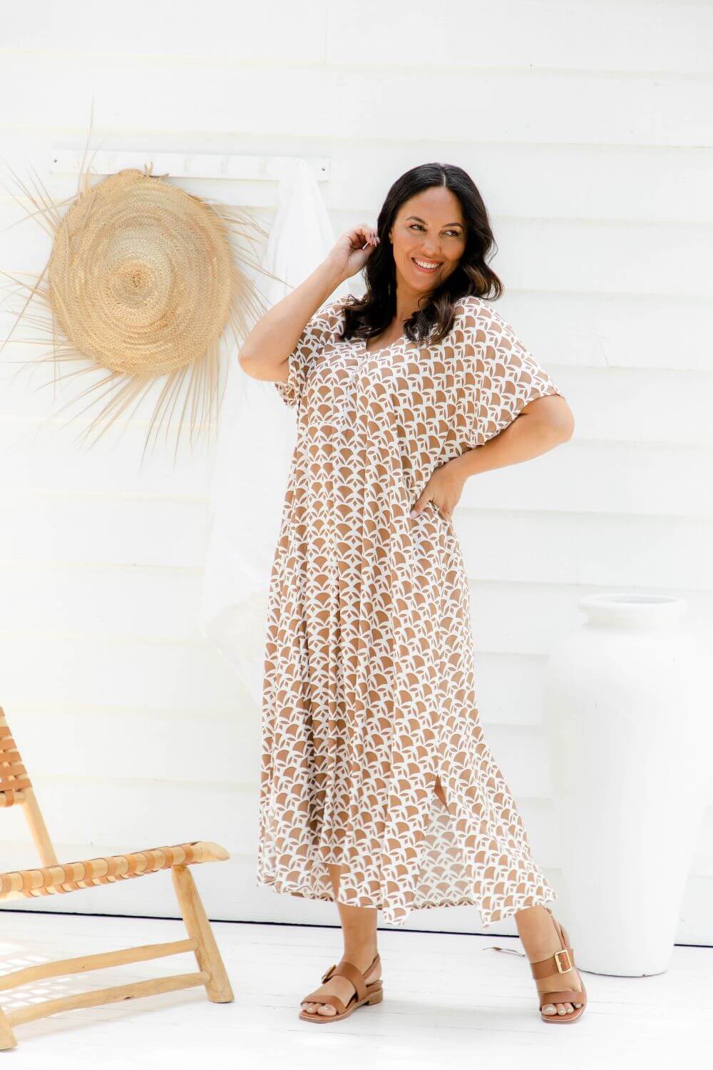 Mocha Geo A-Line Maxi Summer Dress for Women — detail