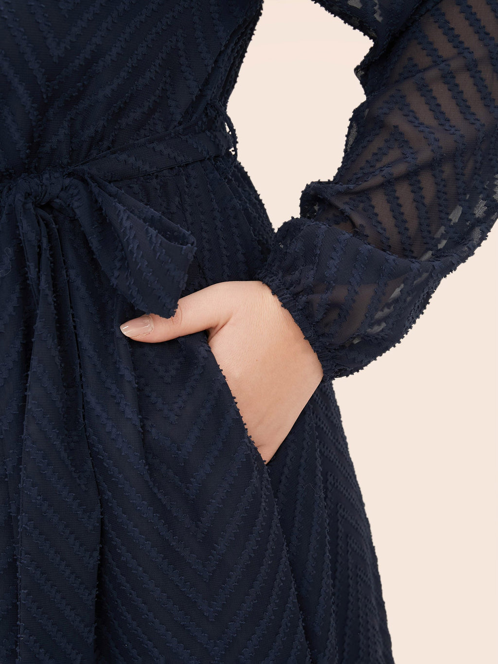 Solid Geometric Pocket Mesh Lantern Sleeve Belted Dress for Women - gallery