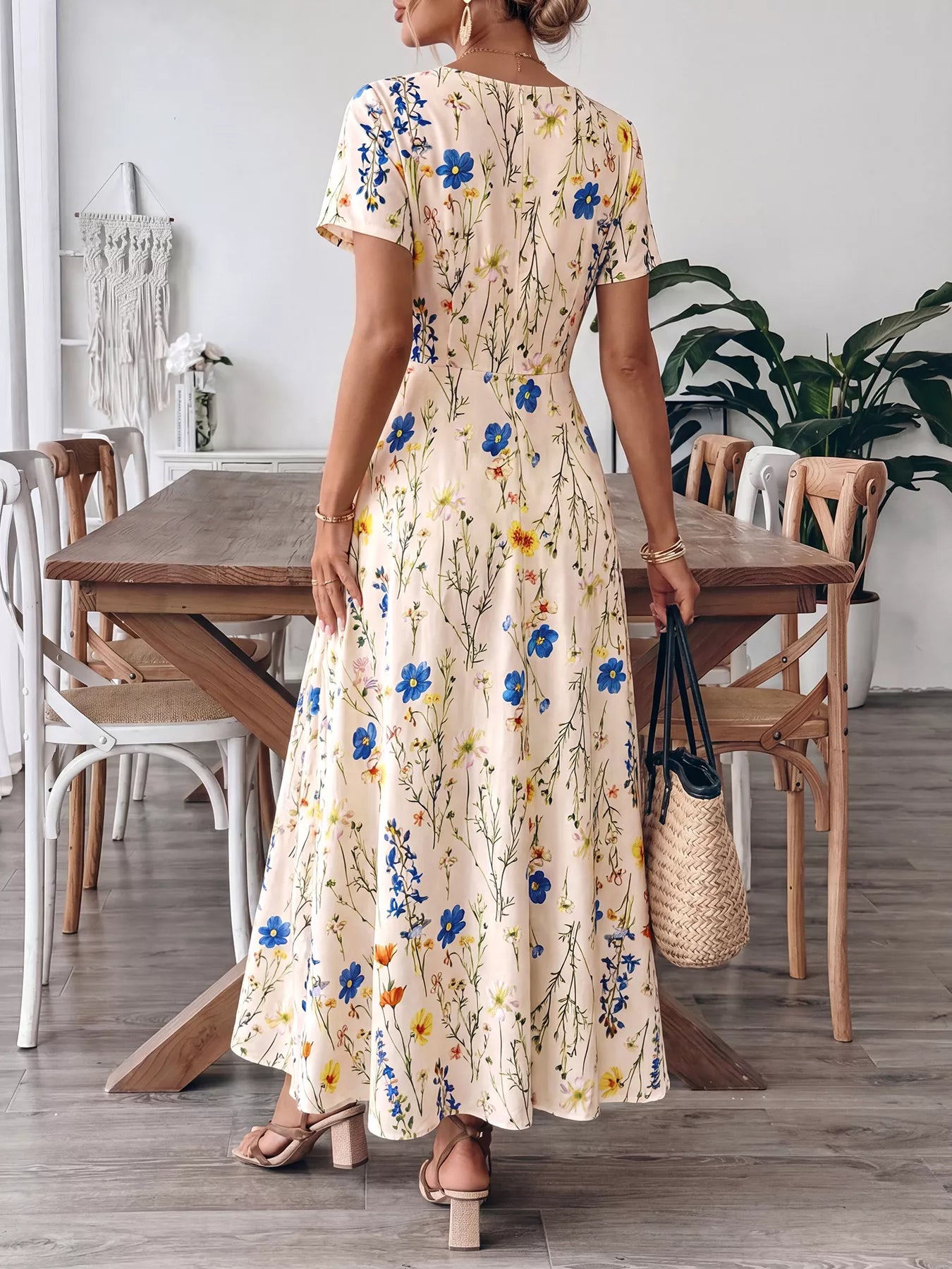 Floral Square Neck Casual Maxi Dress for Women — Front Zip - gallery