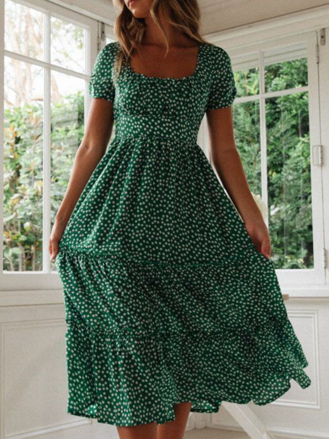 Printed Square Neck Short Sleeve Midi Dress for Women - gallery