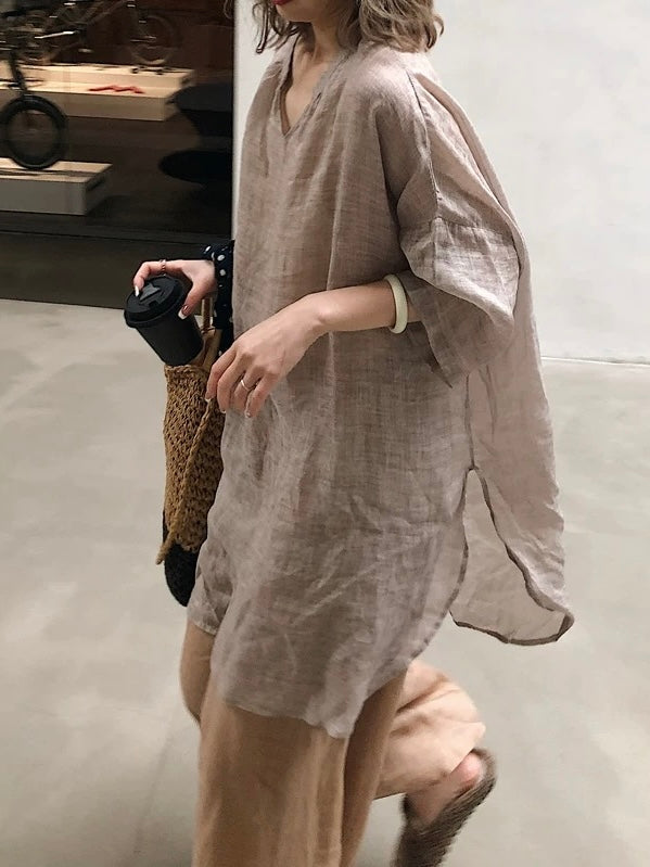 Linen Tea Dress Shirt for Women - Brown